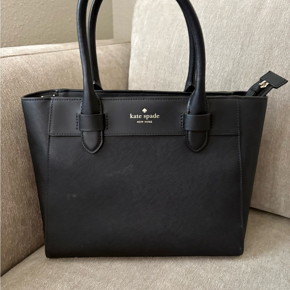 kate spade Black Leather Structured Satchel with Gold Logo with matching wallet. - Picture 2 of 8